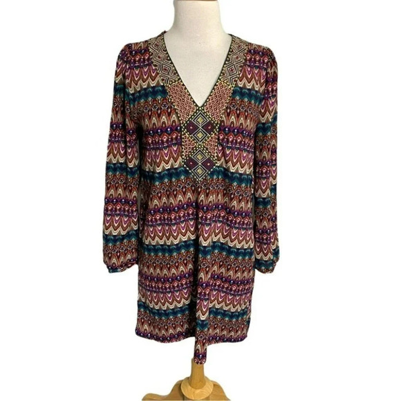 Miami S multicolor bohemian print long sleeve dress with beaded V-neck - Picture 1 of 6
